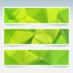 Vector banners set with polygonal abstract green, yellow triangles. Abstract polygonal low poly banners.