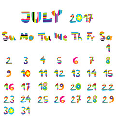 July 2017 calendar