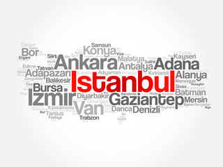 List of cities in Turkey word cloud map, business and travel concept background