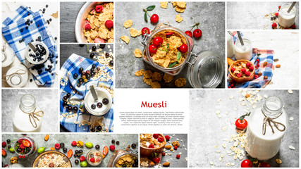 Fototapeta premium Food collage of muesli with berries.