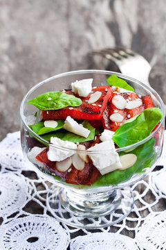 Salad  with grilled watermelon and feta with basil and spinach l