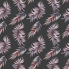 Fototapeta na wymiar Seamless pattern with the watercolor branches with purple and pink leaves, hand painted isolated on a dark background
