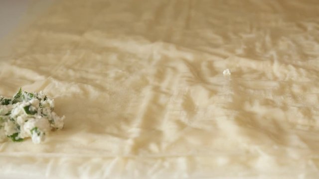 Homemade filo pie with cheese and spinach close-up 4K 2160p 30fps UHD footage - Filling mixture spreading inside phyllo thin sheets of dough 3840X2160 UltraHD video 