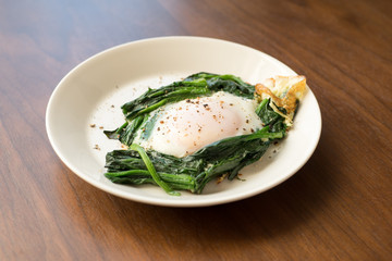 目玉焼きとほうれん草の朝食