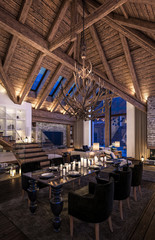 3D rendering of evening living room of chalet