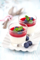 Delicious Italian dessert Panna Cotta for two with fresh blueberries and raspberry coulis in small transparent glasses for Valentine’s day