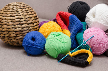 Colored balls of yarn. Rainbow colors. All colors. Yarn for knitting.