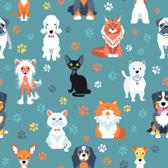 Obraz premium Vector seamless background with cats and dogs flat design