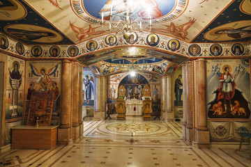Fototapeta na wymiar Interior of the Romanian underground Orthodox Church of the Nativity of the Virgin in Jericho, Palestine