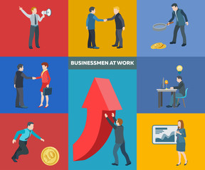 Business startup work moments. Flat icons set. Conversation, transactions, PR, new ideas, presentation, search for an investor, increase in profits, man running for the coin. Vector illustration.