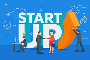 Business startup work moments flat banner. New ideas, search for investor, increased profits. Vector illustration of a business situation. Businessman and businesswoman enter into a contract