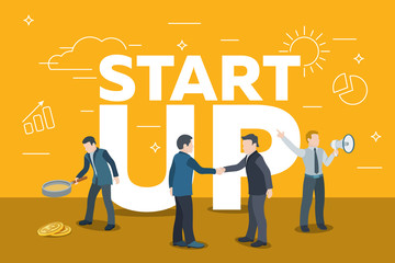 Business startup work moments. Search money, contracting, promotion. Man with a magnifier, two people shake hands, a man with a loudspeaker. White letters startup Vector illustration in a flat style.