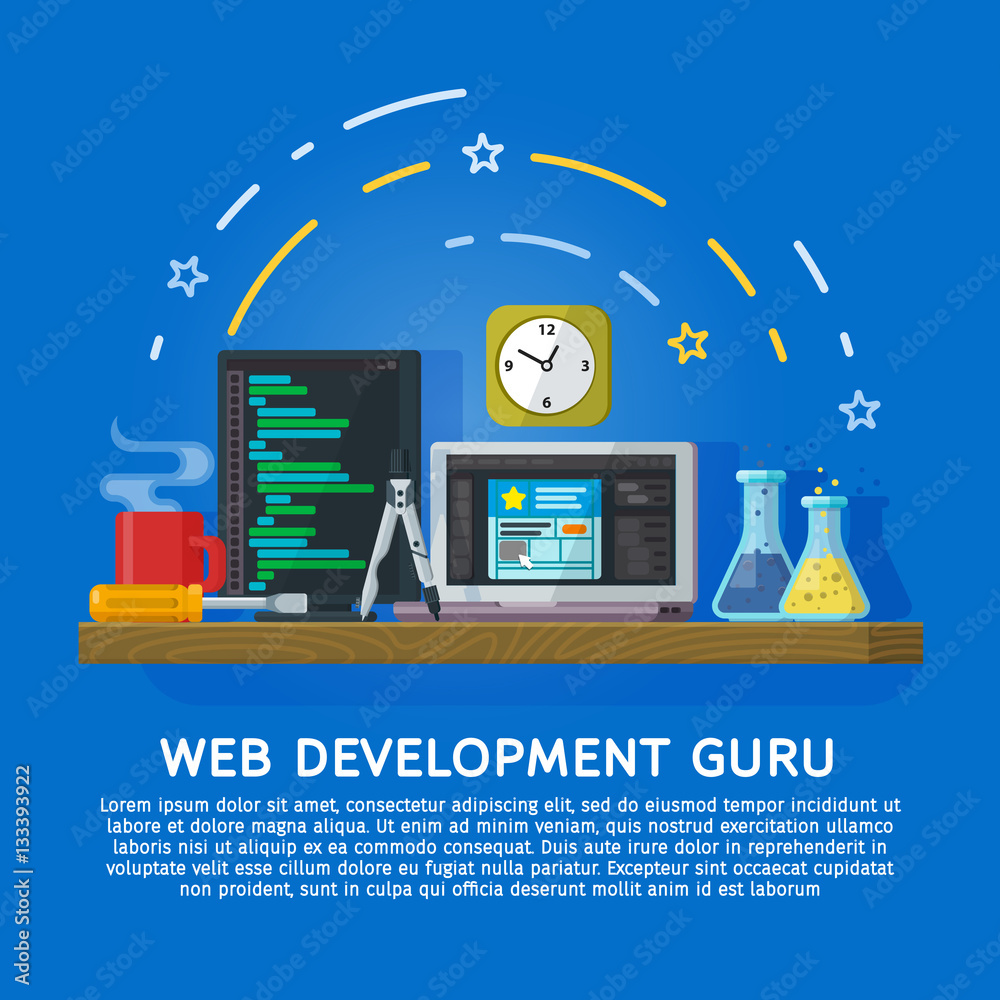 Poster flat color banner design concept for creative studio. website development, web design. modern flat d