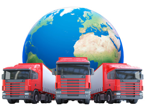 Gruppo di camion con rimorchio e pianeta terra sullo sfondo