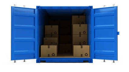 Open blue cargo freight shipping container with cardboard boxes isolated on white. 3d illustration