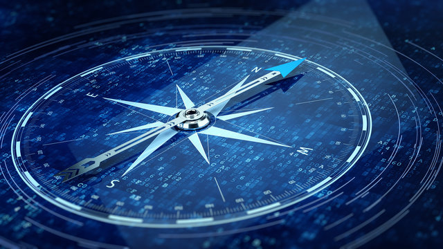 E-Business concept. Compass Direction On Digital Code Blue Background. 3d rendering
