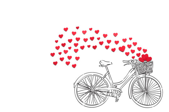 Biking to the love / Creative valentines concept photo of hearts and illustrated bicycle on white background.