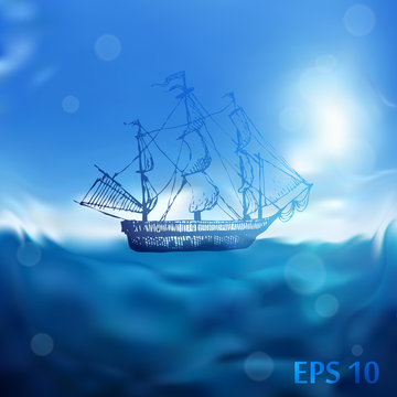 Hand drawn doodle ship. Travel, sea, ocean, pirate. Blue blurred background.