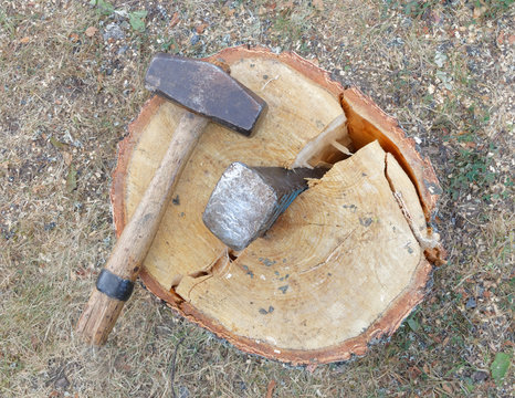 Sledgehammer And A Wedge Splitting A Birch Log