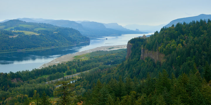Columbia River Gorge panoramic view from Portland Women's Forum viewpoint on a rainy autumn day.