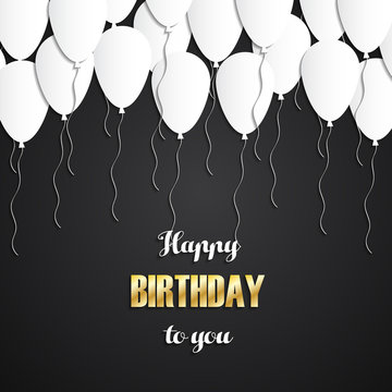 Happy Birthday greeting card with white balloons and gold letters on black background