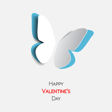 Happy Valentines Day greeting card with paper origami blue butterfly