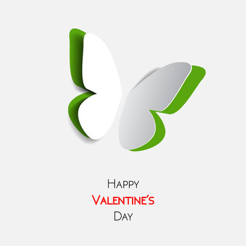 Happy Valentines Day greeting card with paper origami green butterfly