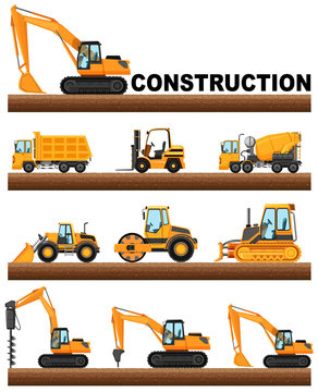 Different types of construction trucks on the ground