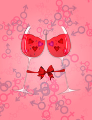 Two glasses of red wine on shiny background. Vector for Happy Valentine's Day Celebration.