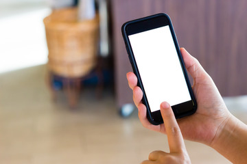 hand using cell phone with white screen
