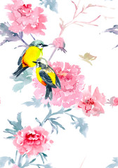 graceful seamless texture with flowers and birds. watercolor pai