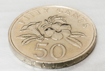 singapore fifty cents coin with  yellow allamanda flower closeup