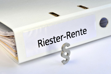 Riester-Rente, Paragraf, Rente, Altersvorsorge, Riestervertrag, Rentner, Alterssicherung, Altersrente, Ordner, symbolisch, Recht, Gesetz, Riestersparen, Steuerrecht, Sparplan, Wohnriester