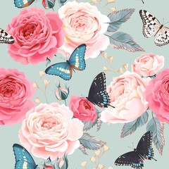 Obrazy na Plexi  Bezszwowe róże piwonii i motyl