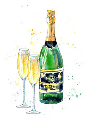 Glass of a champagne and bottle.Picture of a alcoholic drink.Watercolor hand drawn illustration. © jula_lily
