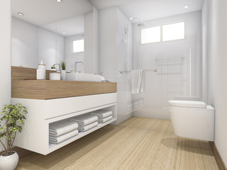 3d rendering white wood design bathroom and toilet