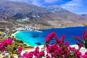 Best beaches of Greece. Stunning Greek beaches in Amorgos island,Aegialis bay, Cyclades - obrazy, fototapety, plakaty