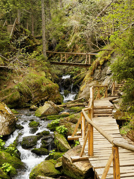 Wooden footbridge on steam Bila Opava in Jasenki, Czech Republic