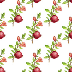 seamless pattern with fruit tree branches and leaves,flower and pomegranate