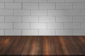 montage of old wood shelf with white brick wall background textu