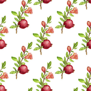 seamless pattern with fruit tree branches and leaves,flower and pomegranate
