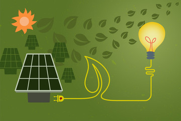 Save environment and green power concept. An electric cord line in shape of leaf from light bulb connected to solar cell for green power.