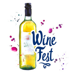 Watercolor illustration with bottle in sketch style for drink list. Poster with alcoholic beverages. Wine festival. Brush calligraphy elements for your design. Handwritten ink lettering.