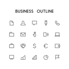 Business outline icon set - document, businessman, chat, pencil, phone, mail, folder, tie, notebook, dollar, euro, wallet, graph and others simple vector symbols. Work and job signs.
