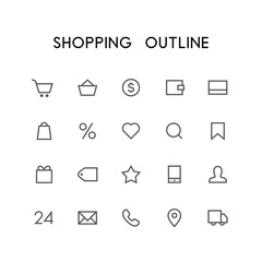 Shopping outline icon set - cart, basket, money, wallet, credit card, heart, search, favorites, gift, price, phone, mail, car and others simple vector symbols. Internet store and shop signs.