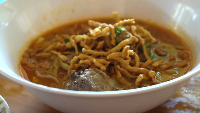 Northern Thai curry noodle, Khoa Soi or Khao soy. Local traditional food of Chiang Mai