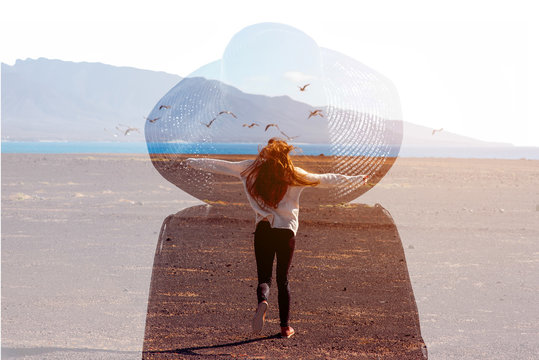 Double exposure photo with female silhouette and woman running on the deserted landscape. Freedom and travel concept