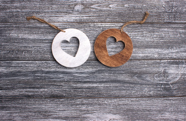 Two round slices gray wooden background.