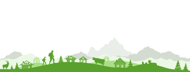 Panorama Berge Wanderer und Holzhütten