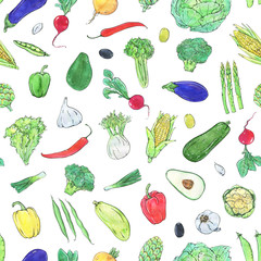 hand drawn watercolor seamless pattern with vegetables white bac